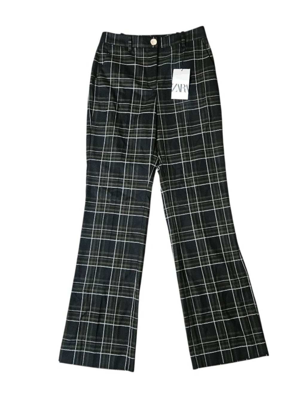 NWT Zara Plaid Trousers Women’s S Black Olive Tartan Straight Dress Pants Preppy
